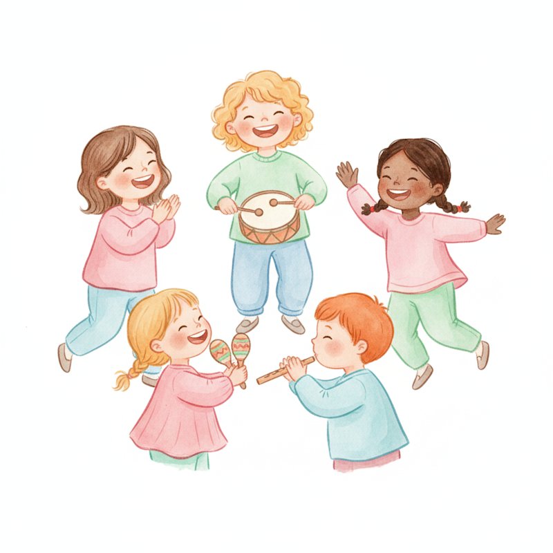 Watercolor of cheerful preschoolers making music together in a circle, singing and playing instruments