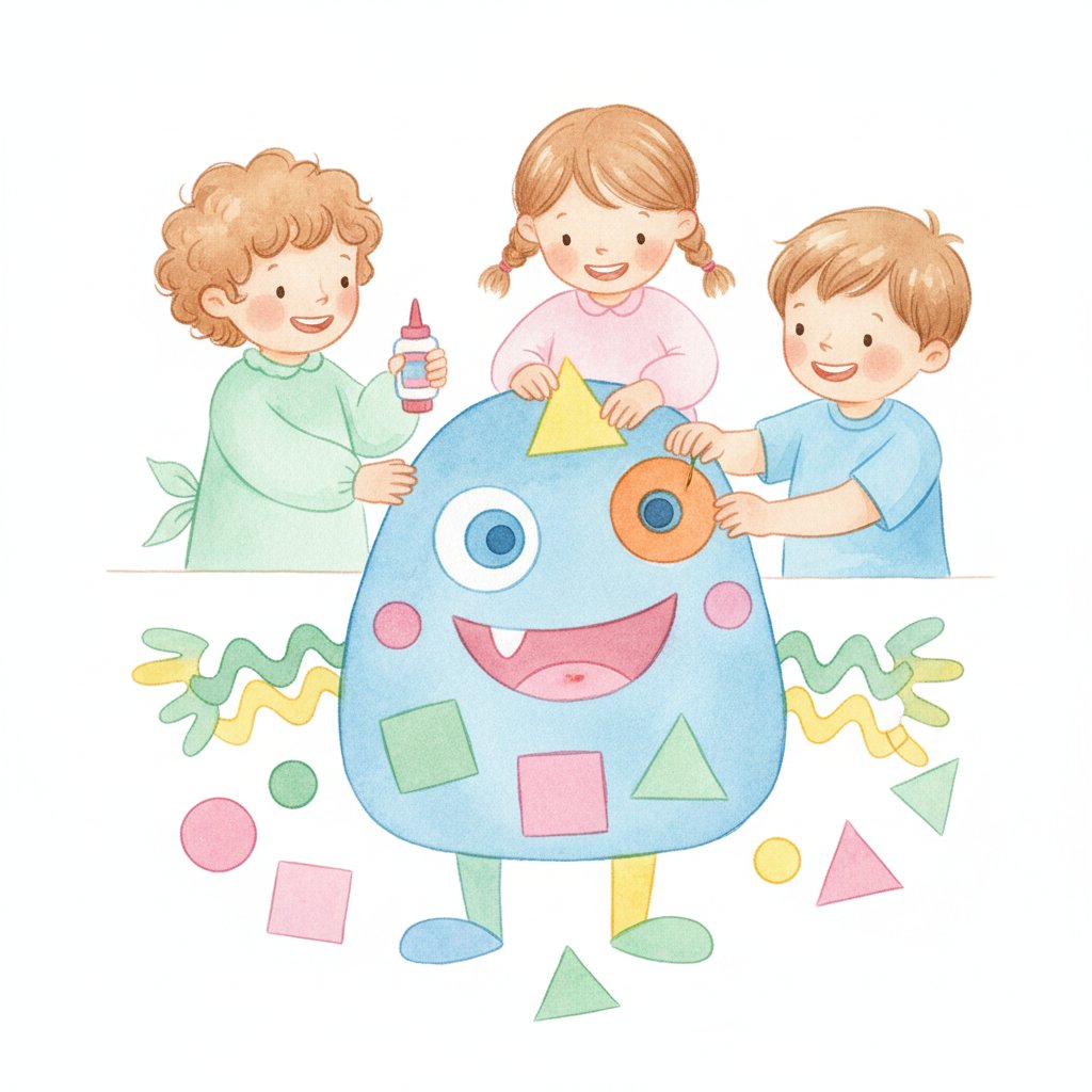 Watercolor of children making a shape collage monster