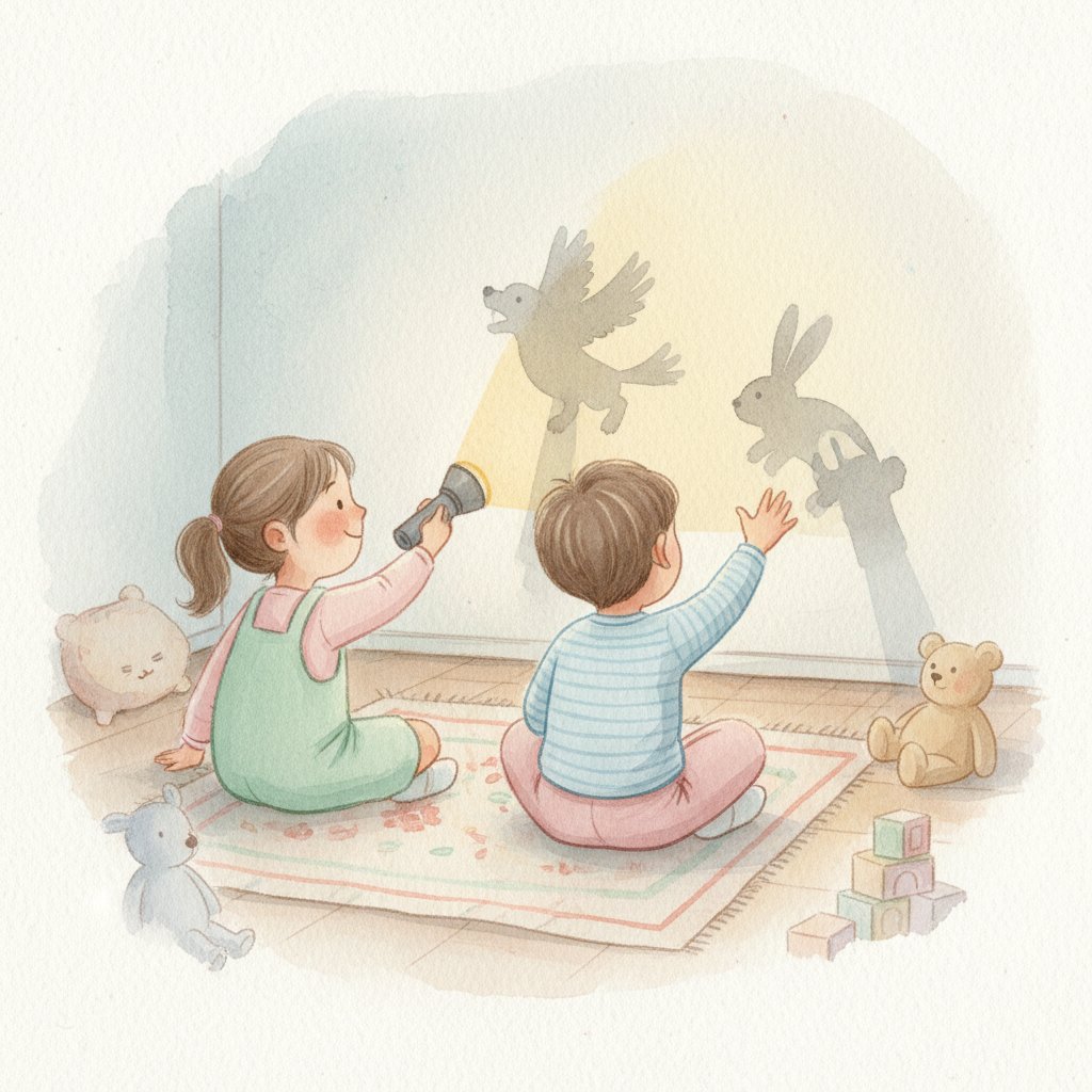 Young children making animal hand shadow puppets on a wall with a flashlight