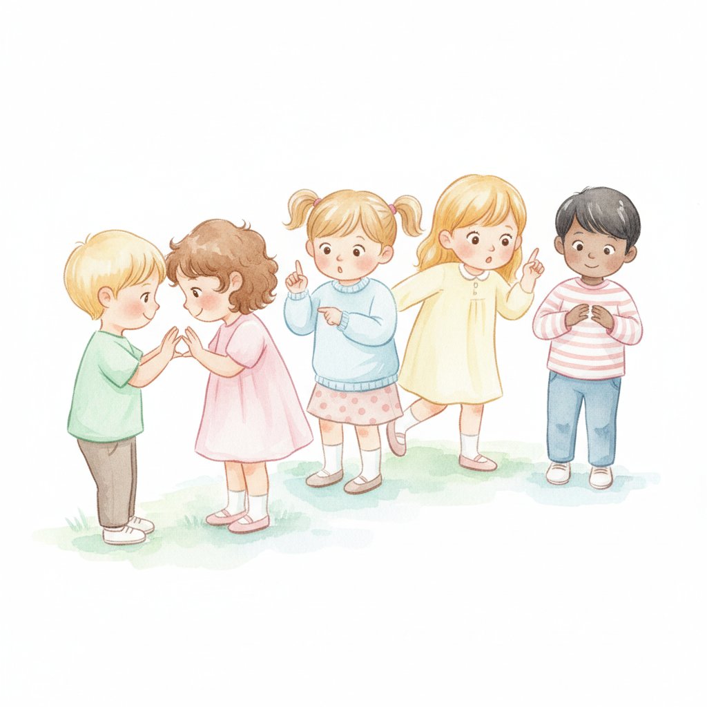 Children waiting in line playing I Spy and finger games