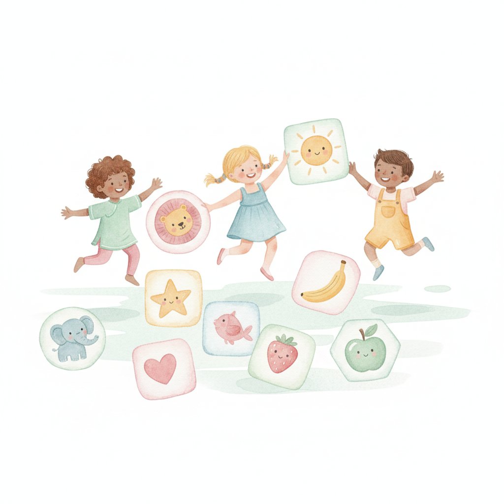 Happy young children jumping between picture cards scattered across the floor, soft watercolor