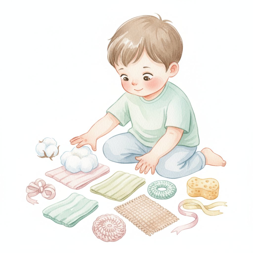 A curious child exploring different textured materials with fingertips