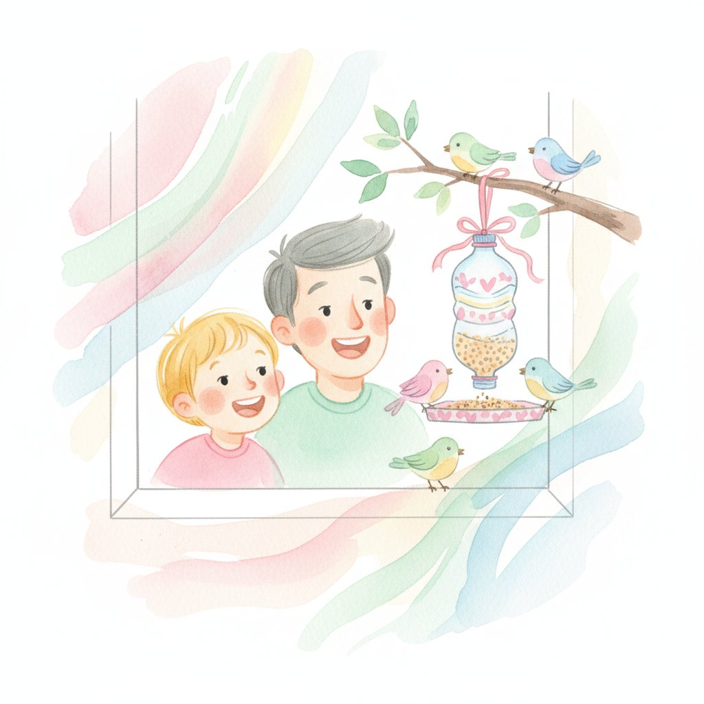 Child and parent watching little birds visit a homemade feeder outside a window