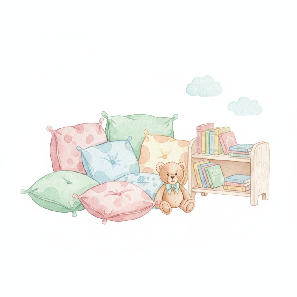 a warm welcoming preschool reading nook with cushions and a small bookshelf