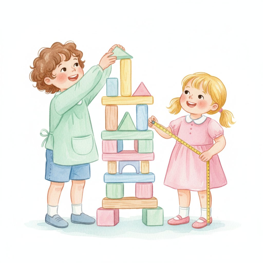 Children building and measuring a tall block tower