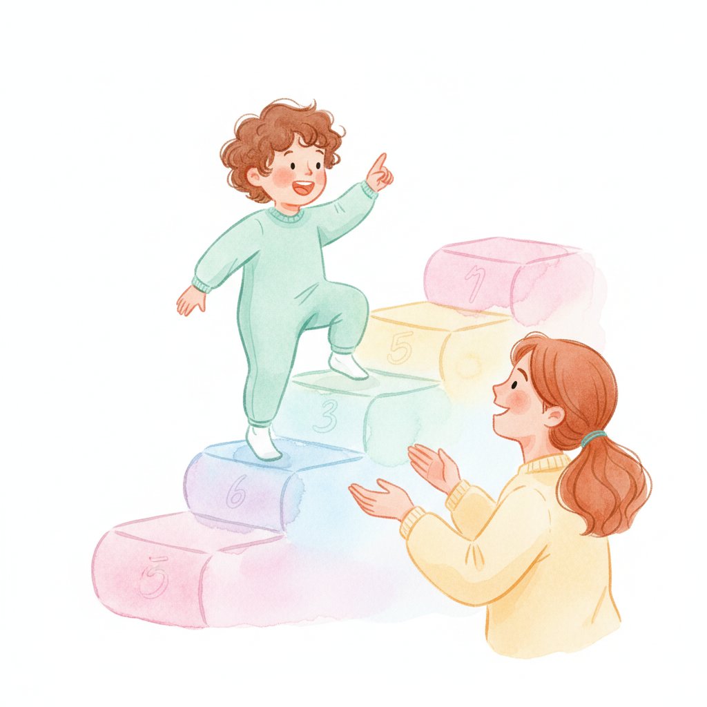 A child climbing stairs and counting each step with a parent watching