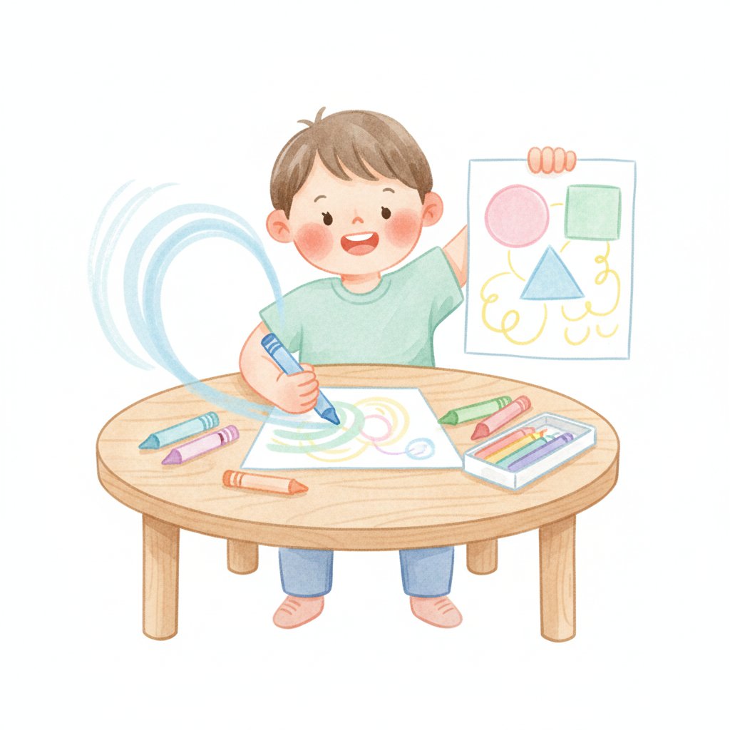 Child proudly drawing simple shapes with crayons