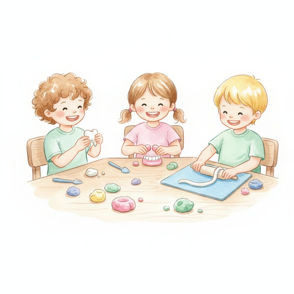 Watercolor illustration of preschoolers making little tooth models out of clay and playdough at a craft table