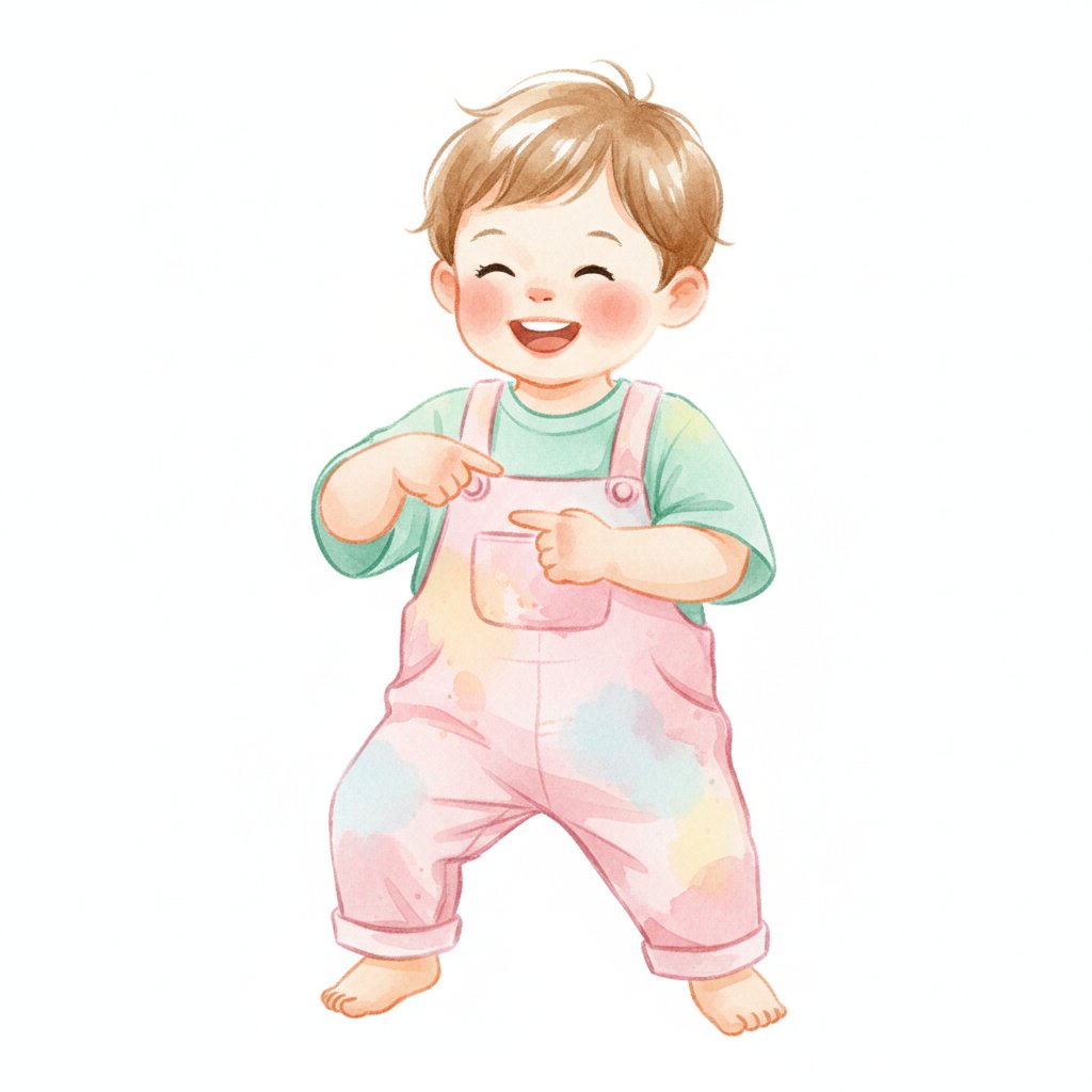 a giggling toddler pointing curiously at their own elbow