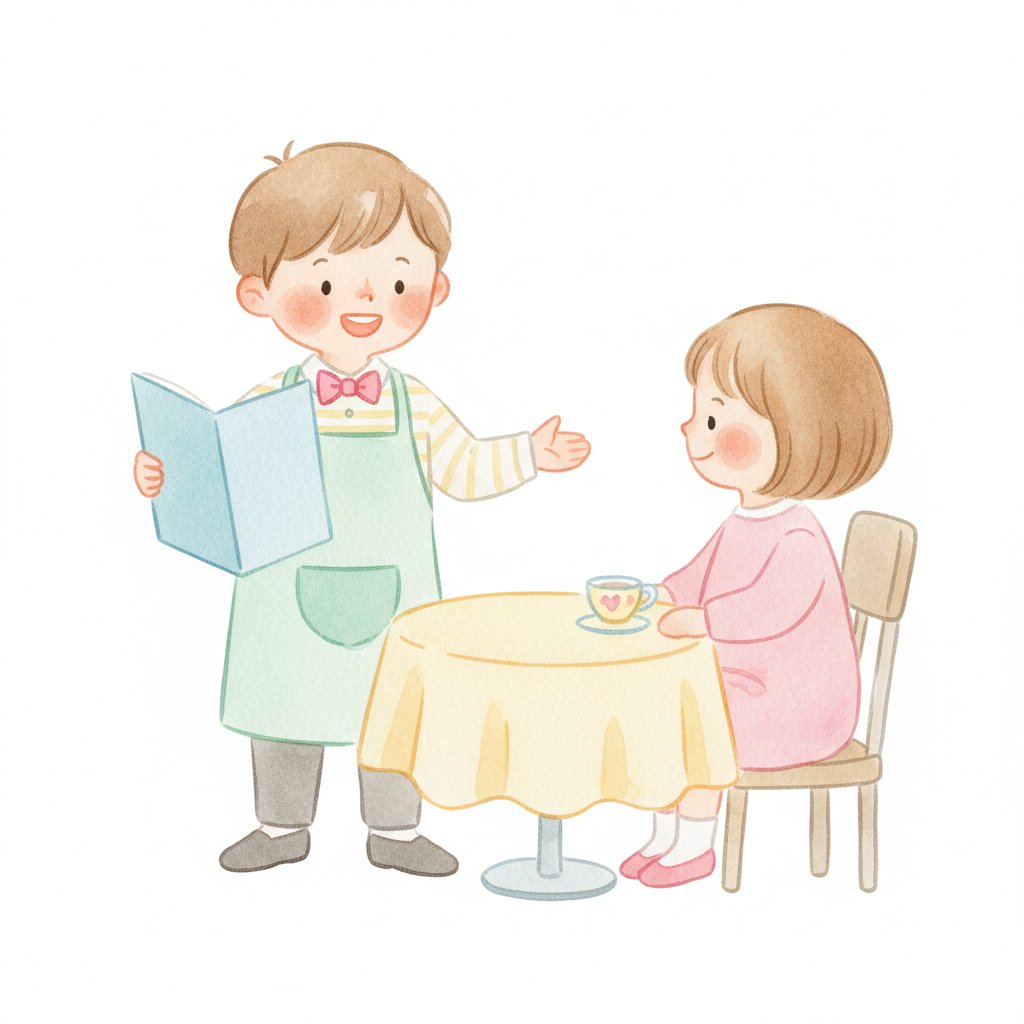 A young child playing waiter greeting a customer at a pretend cafe table