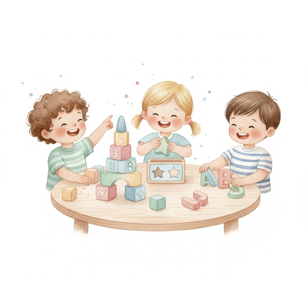 Young children playing with counting blocks and shape toys at a table