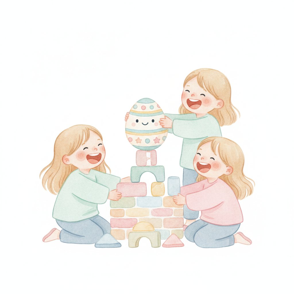 Children building a brick wall from blocks with a decorated egg character on top