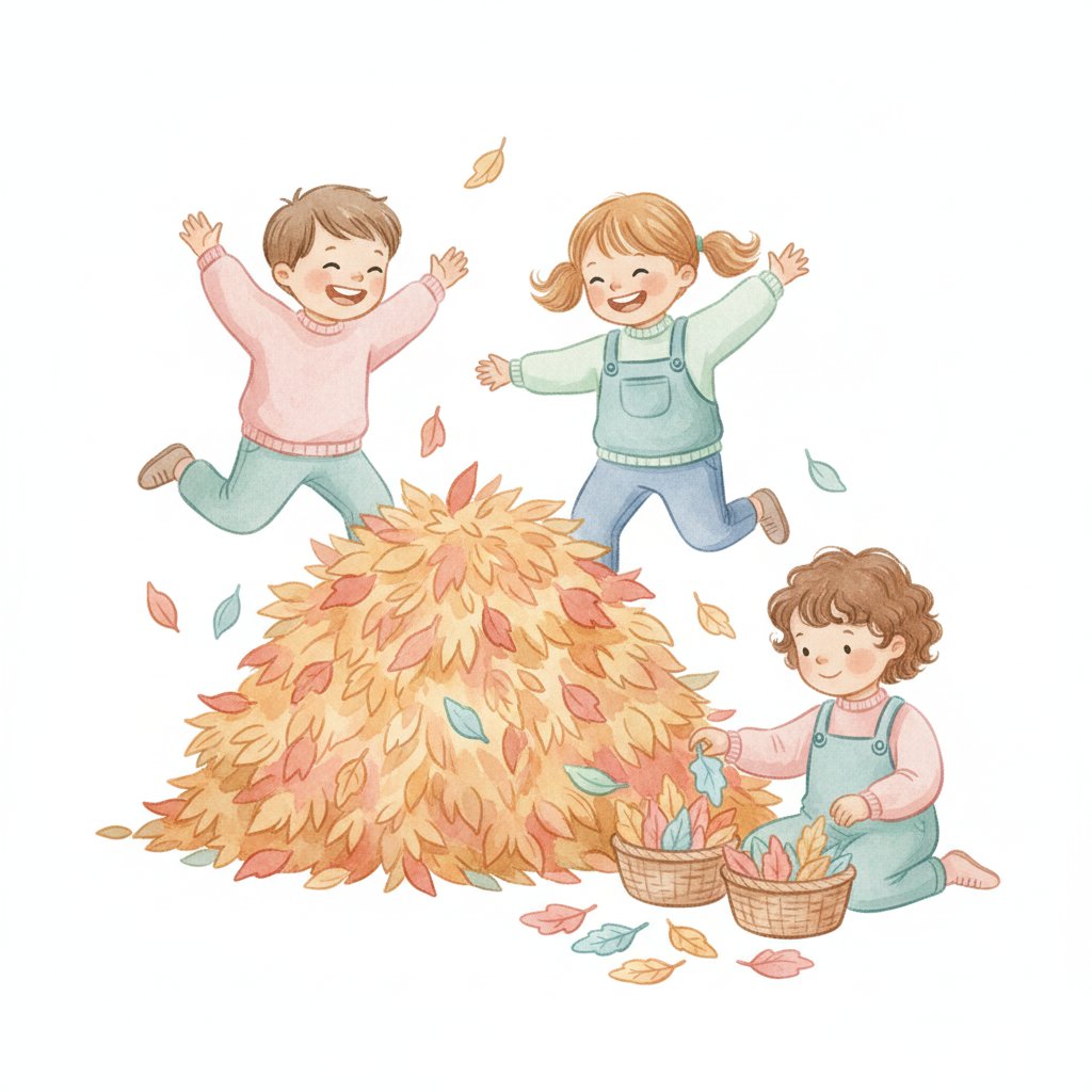 Watercolor illustration of preschoolers jumping into a pile of autumn leaves and sorting them into baskets