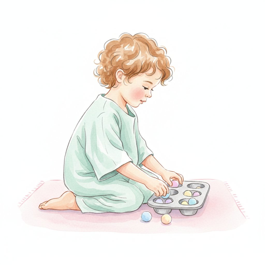 Watercolor illustration of a child quietly sorting colorful pom-poms into a muffin tin