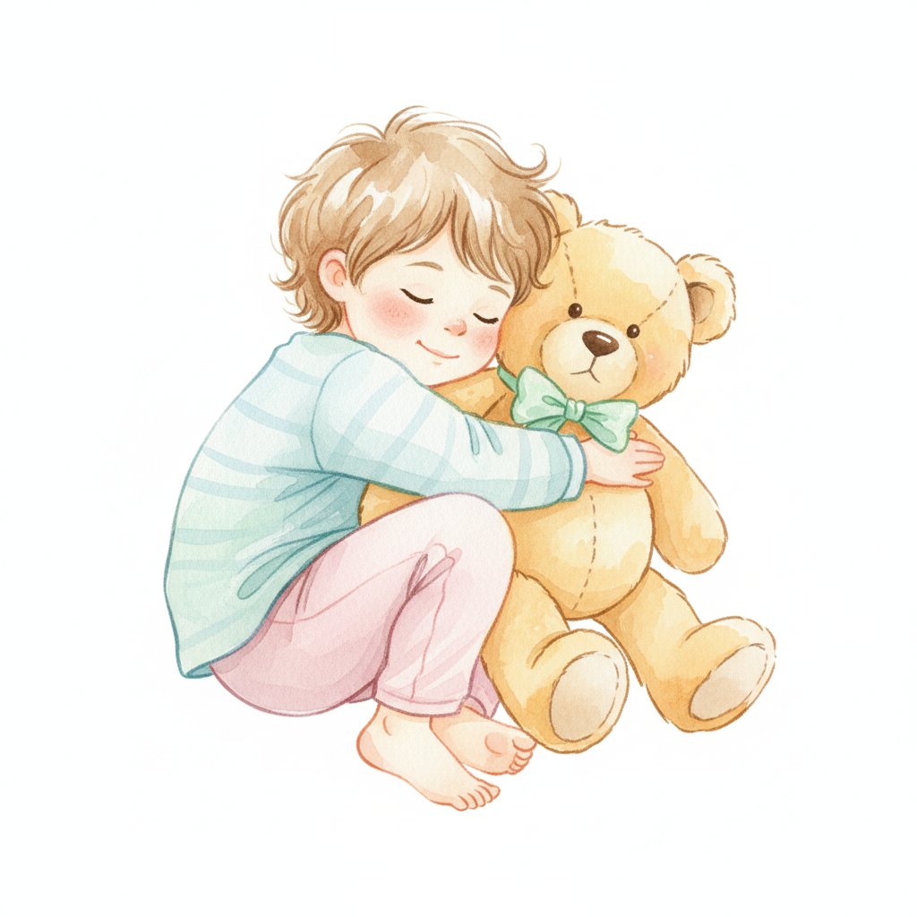 a peaceful child hugging a stuffed animal and feeling calm and safe