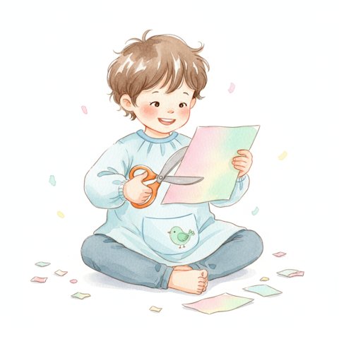 Watercolor illustration of a cheerful young child happily cutting out a colorful paper shape with safety scissors