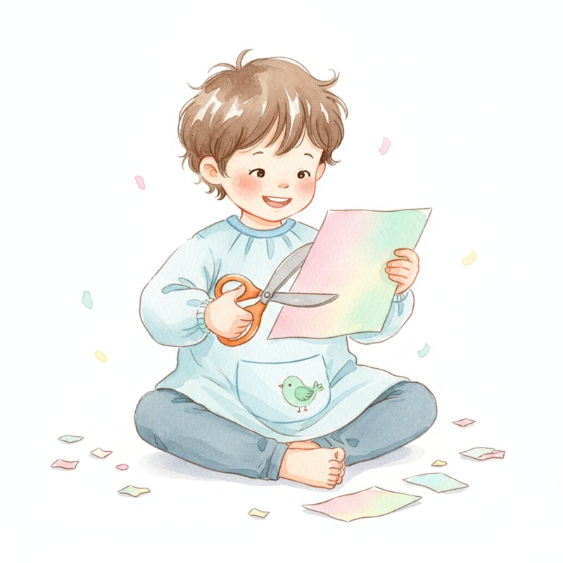 Watercolor illustration of a cheerful young child happily cutting out a colorful paper shape with safety scissors