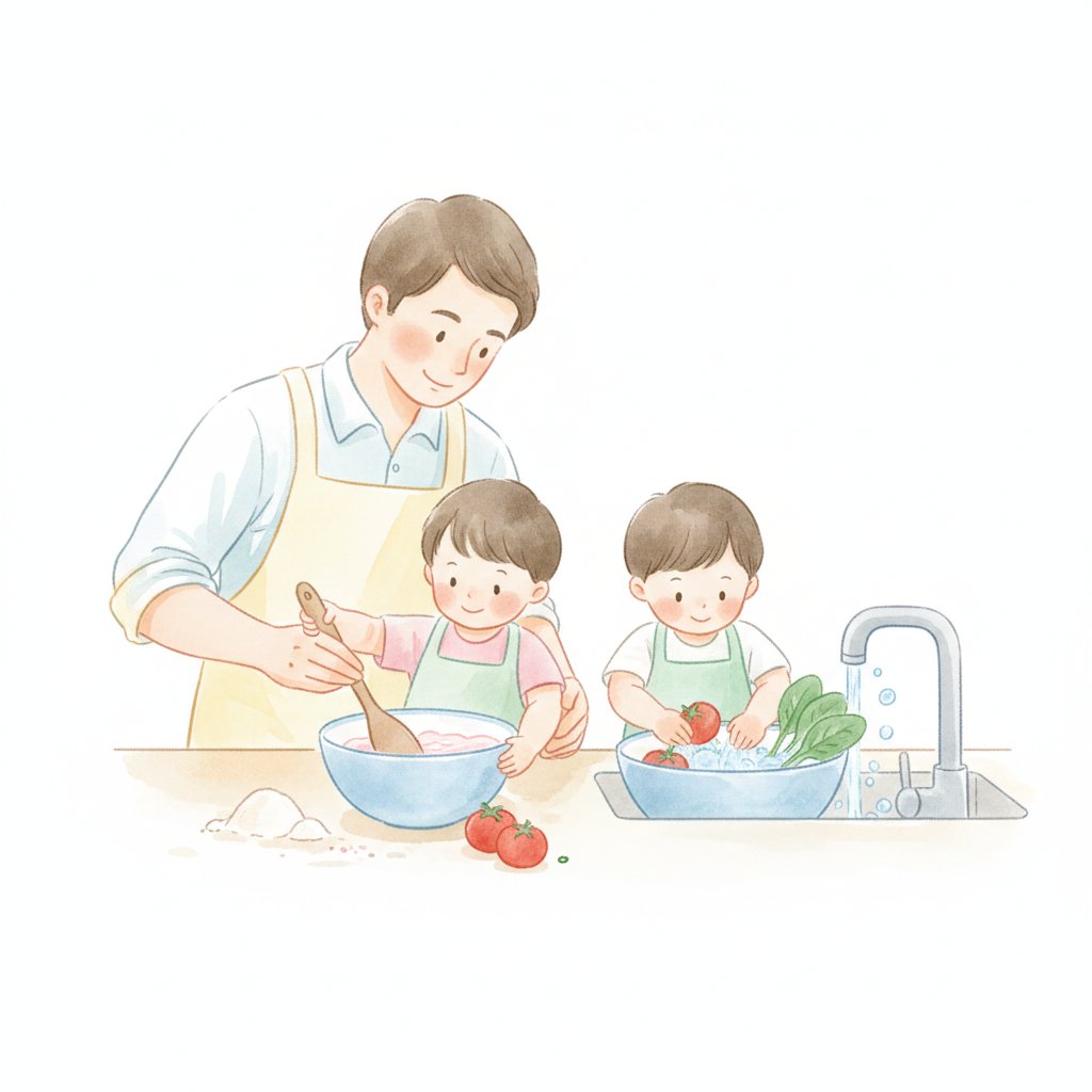 Parent and child being kitchen helpers stirring and washing vegetables together
