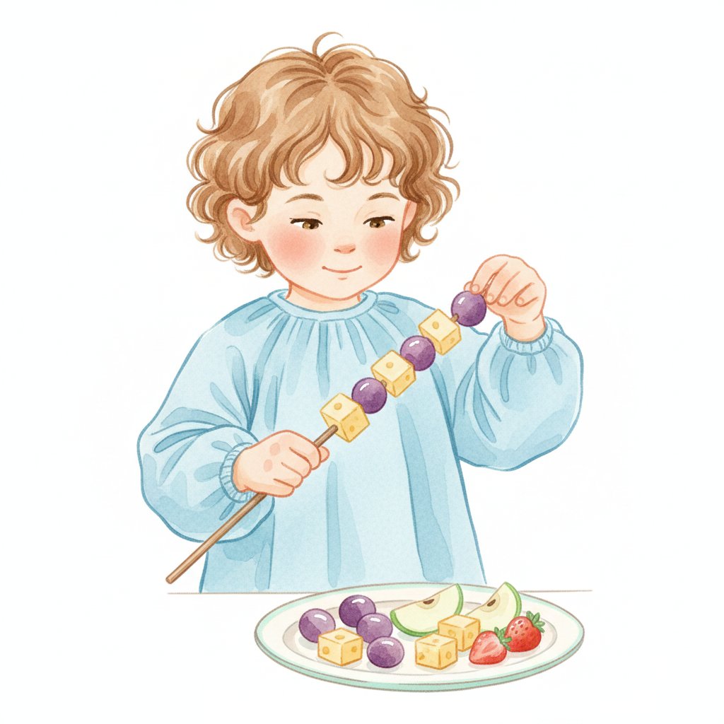 Watercolor illustration of a child threading fruit and cheese onto a skewer in a repeating pattern