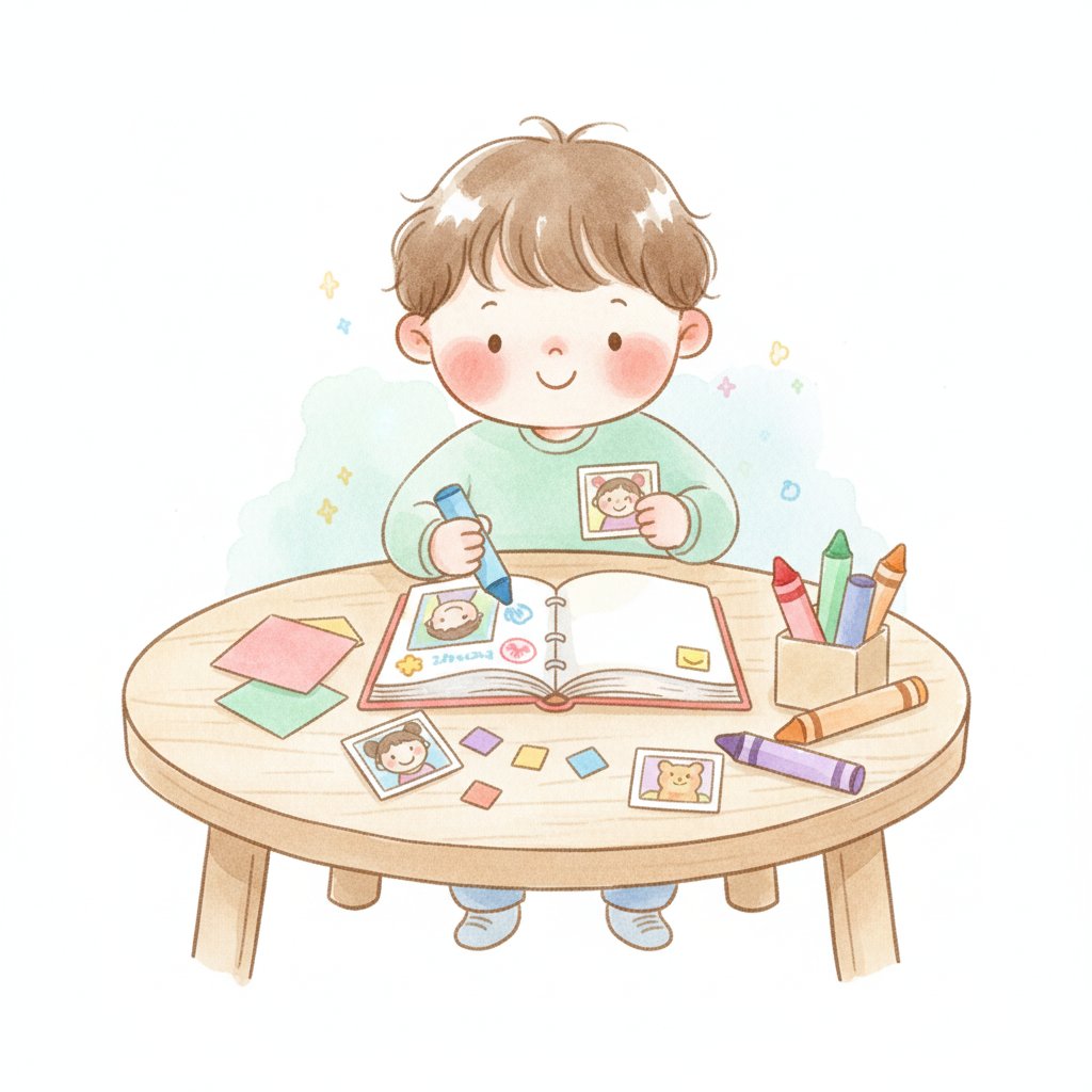 A child making a personal all-about-me scrapbook with crayons and photos