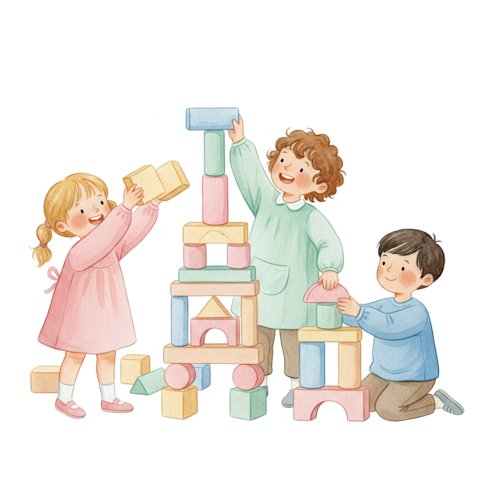 Cheerful children building tall colorful block towers together