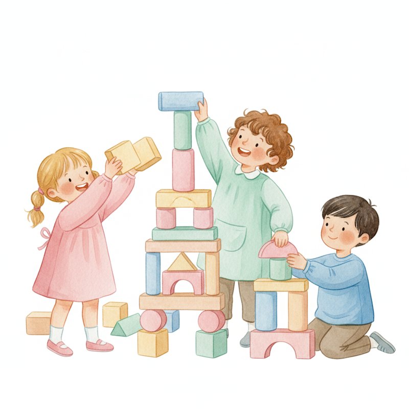 Cheerful children building tall colorful block towers together