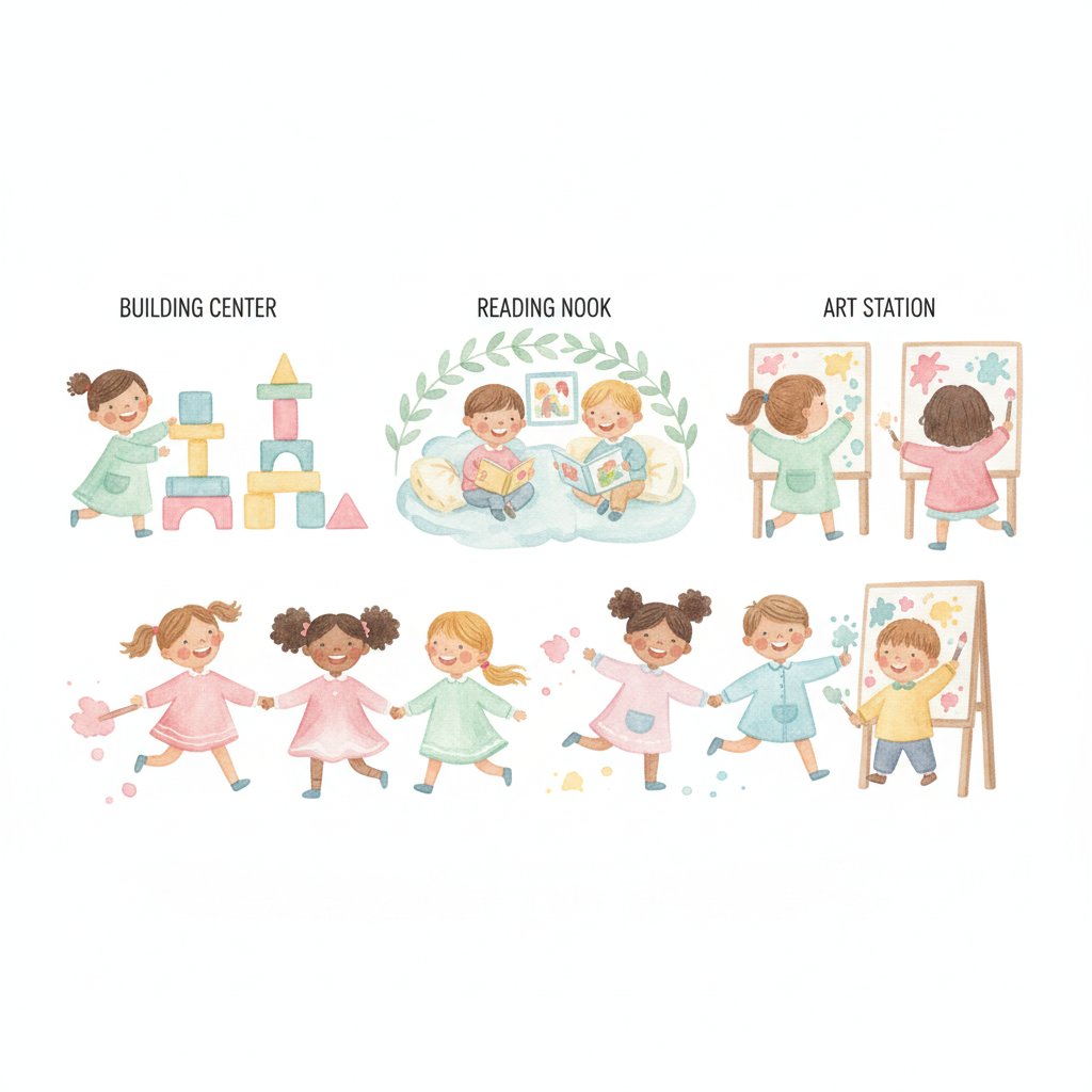 preschoolers moving happily between organized learning centers