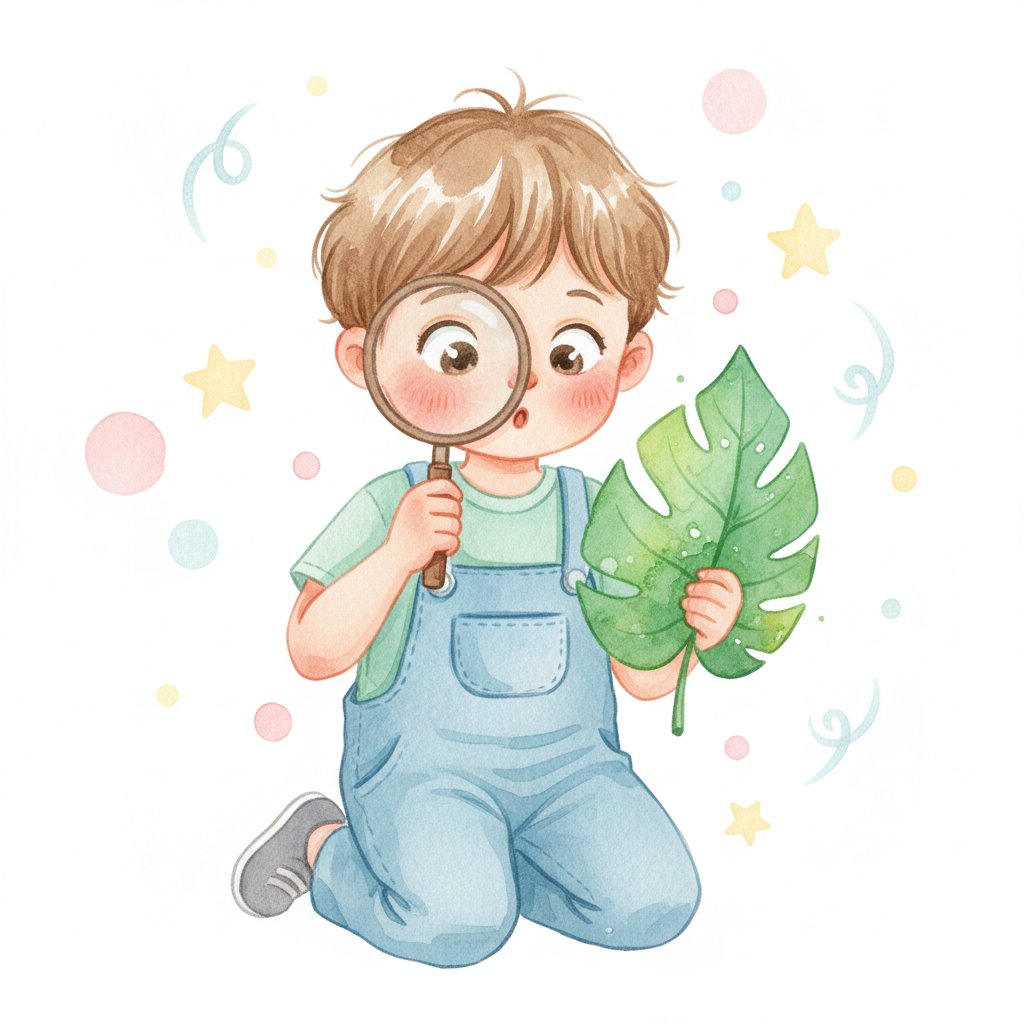 A curious young child looking at a leaf through a magnifying glass, soft watercolor