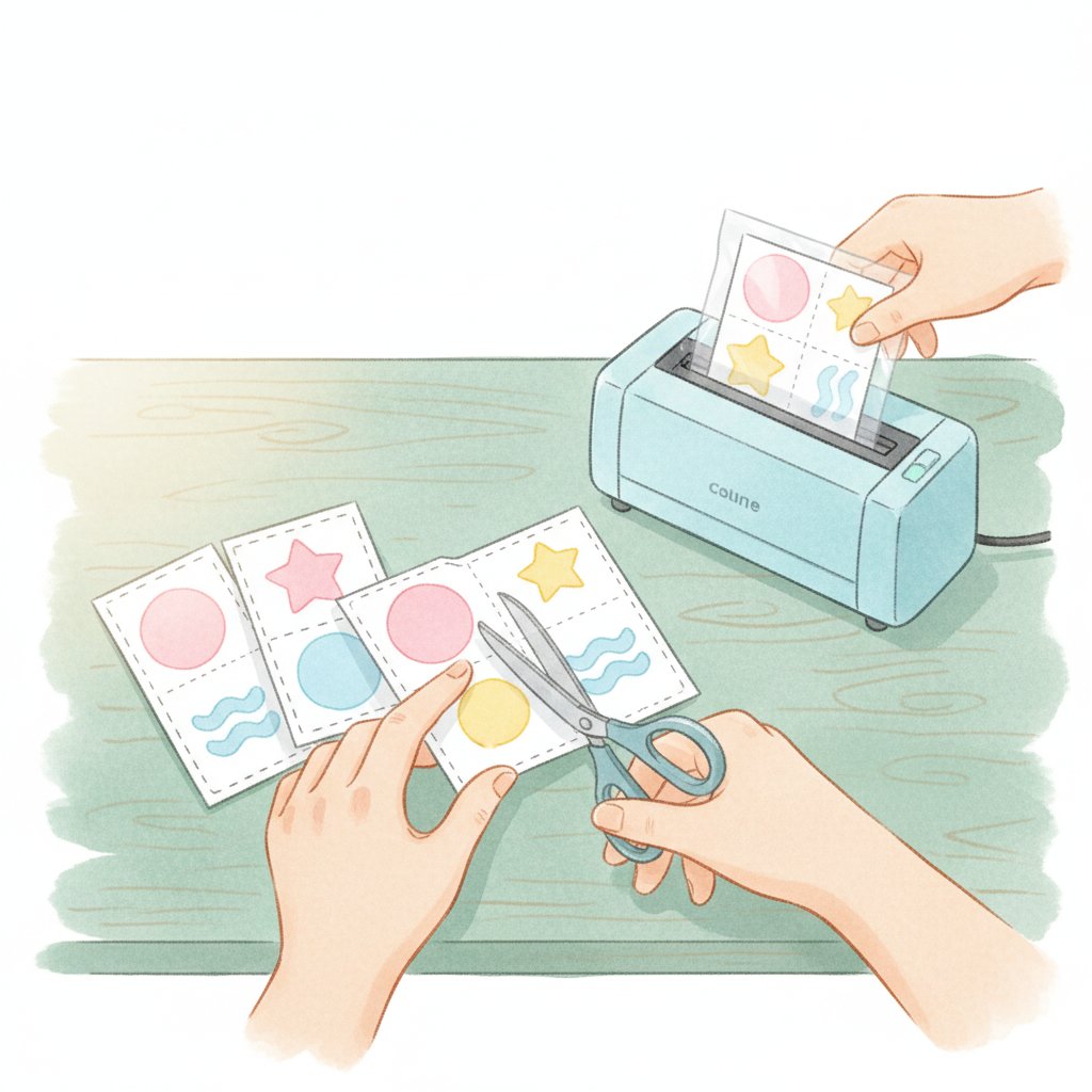 Hands cutting and laminating colourful printed phonics game cards at a craft table