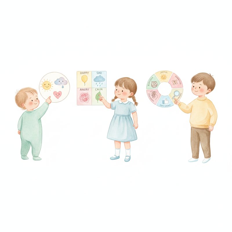 Children of different ages each using an age-appropriate feelings chart, soft watercolor