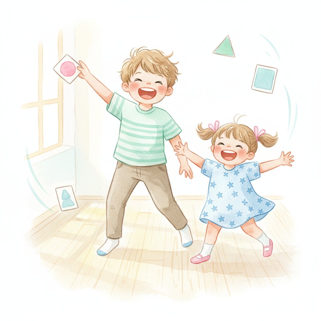 A laughing brother and sister joyfully tossing picture cards across the room, soft watercolor