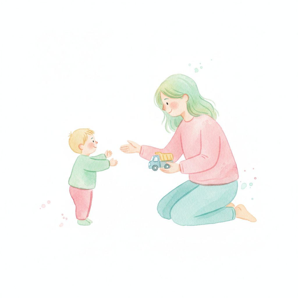A parent modeling polite behavior with a toddler and an older child
