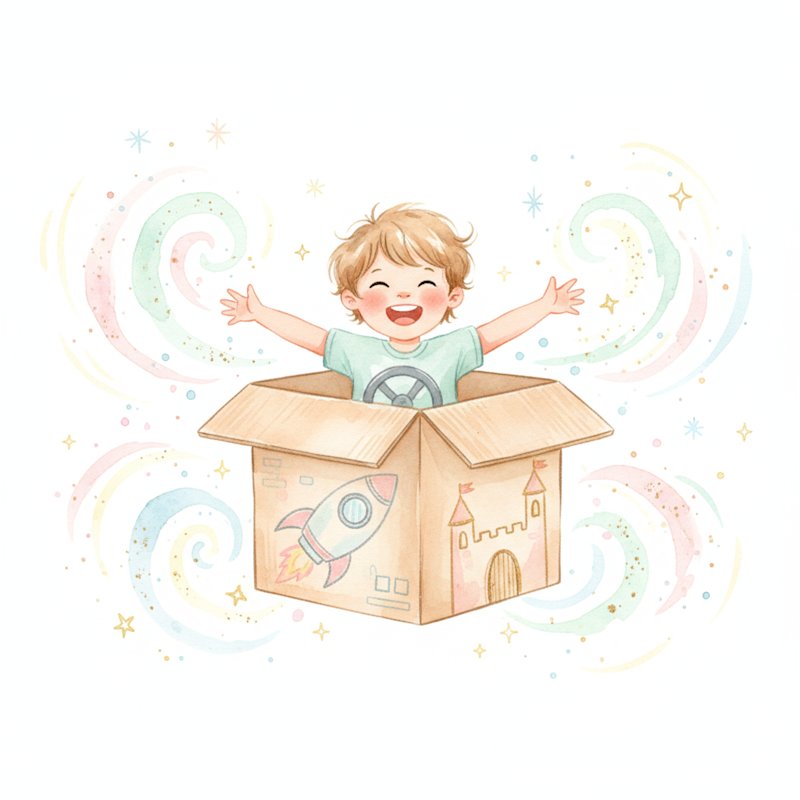 Preschooler playing imaginatively inside a big cardboard box