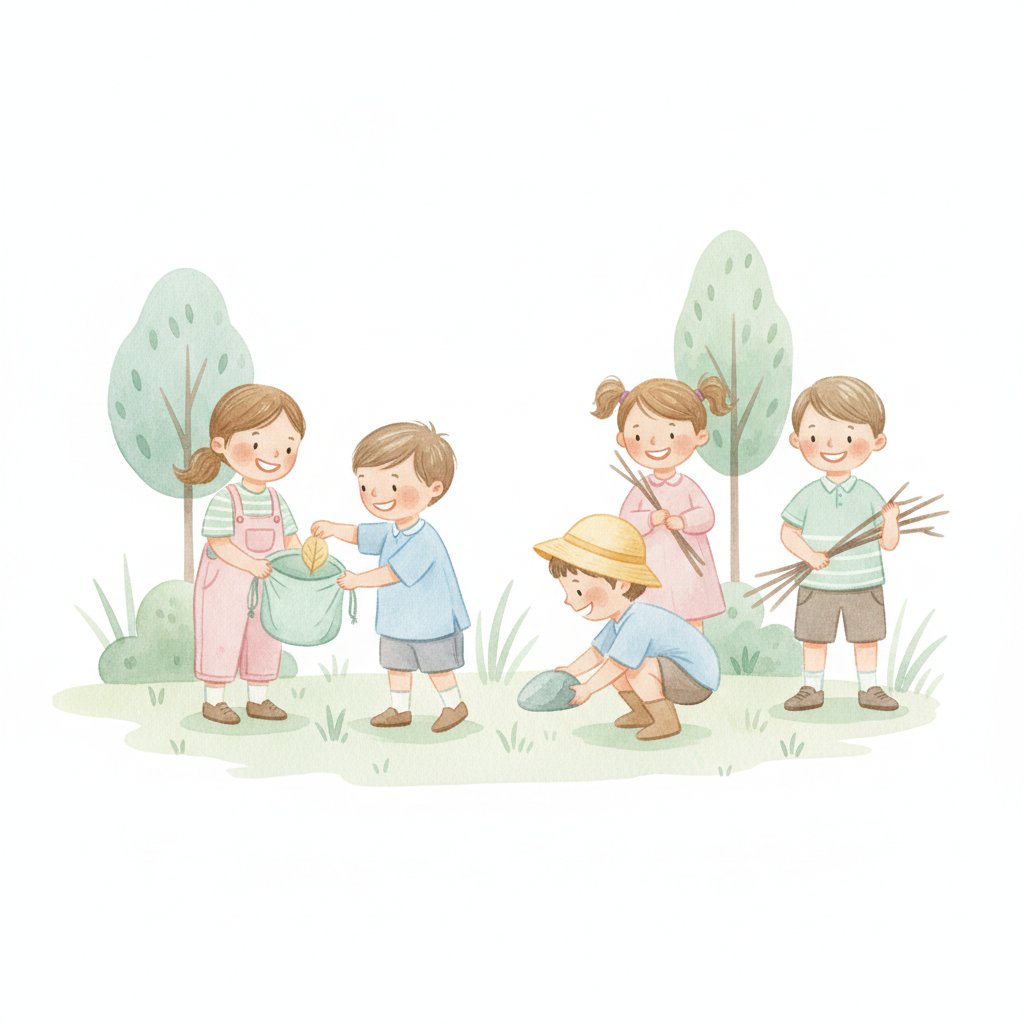 Cheerful young children on an outdoor nature scavenger hunt, collecting leaves, rocks and sticks into a bag