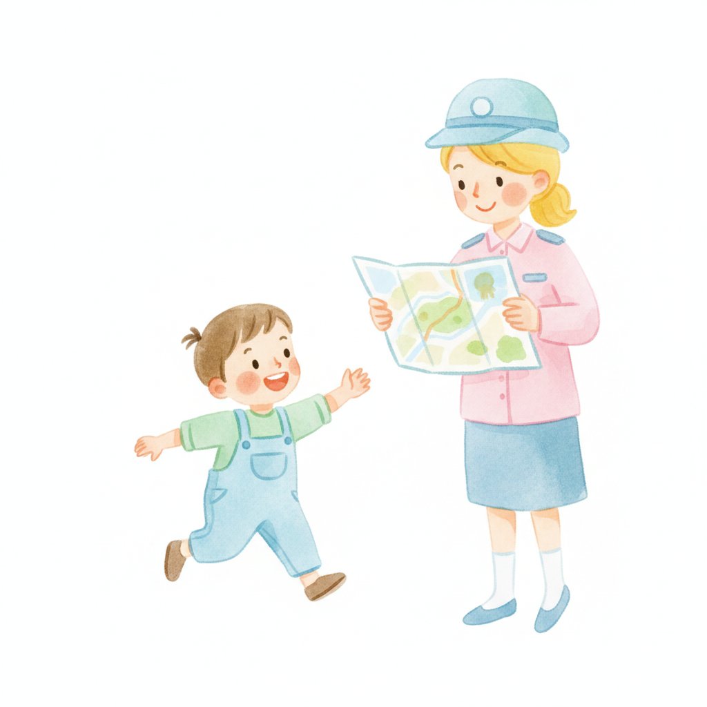 Watercolor illustration of a young child approaching a friendly community helper for assistance while an adult watches