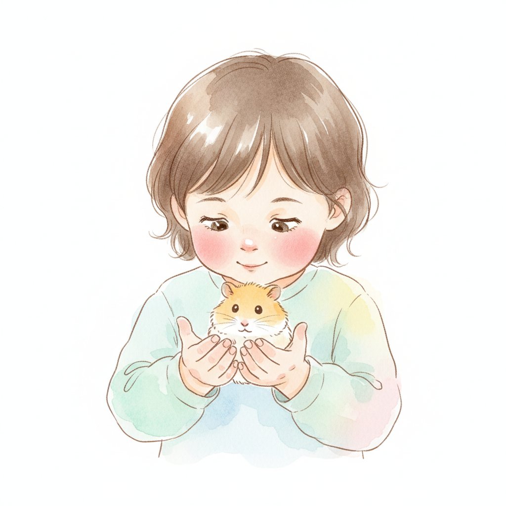 Watercolor illustration of a child gently holding a small hamster in cupped hands