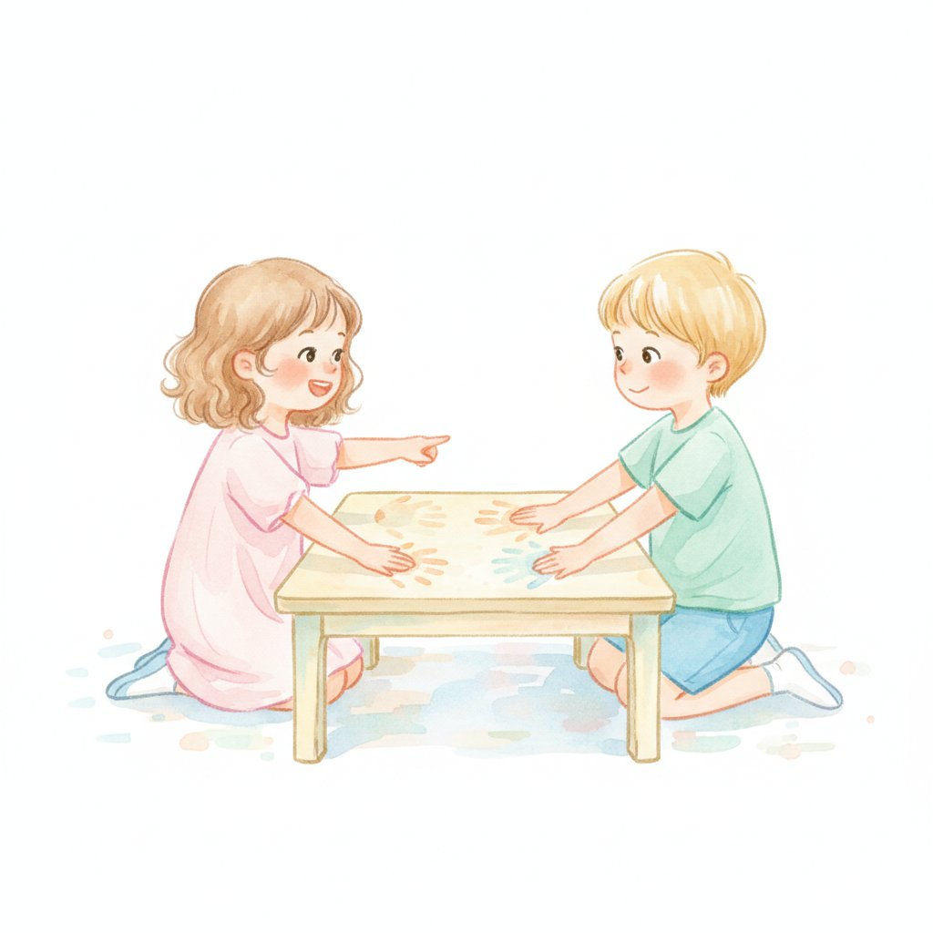 Two children measuring a table with their hands placed end to end