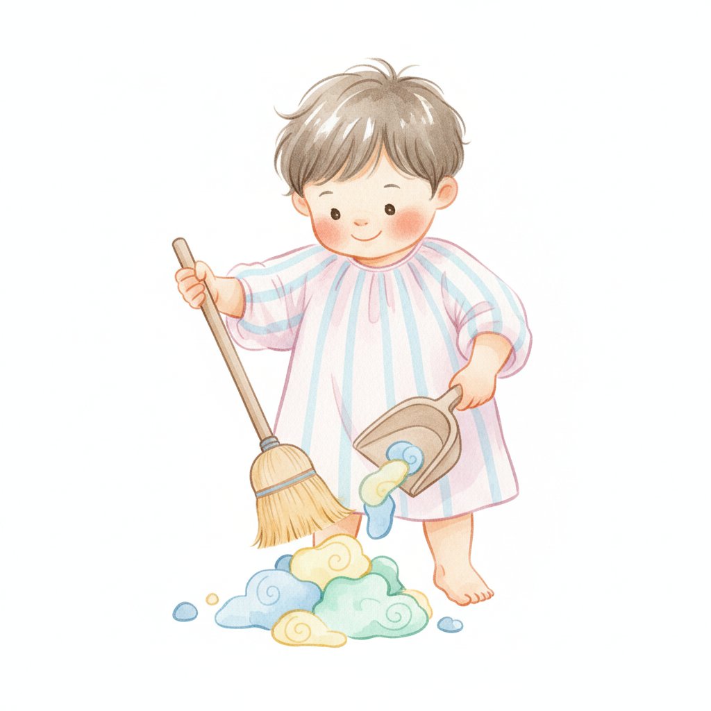 A child happily sweeping up and tidying after sensory play with a small broom