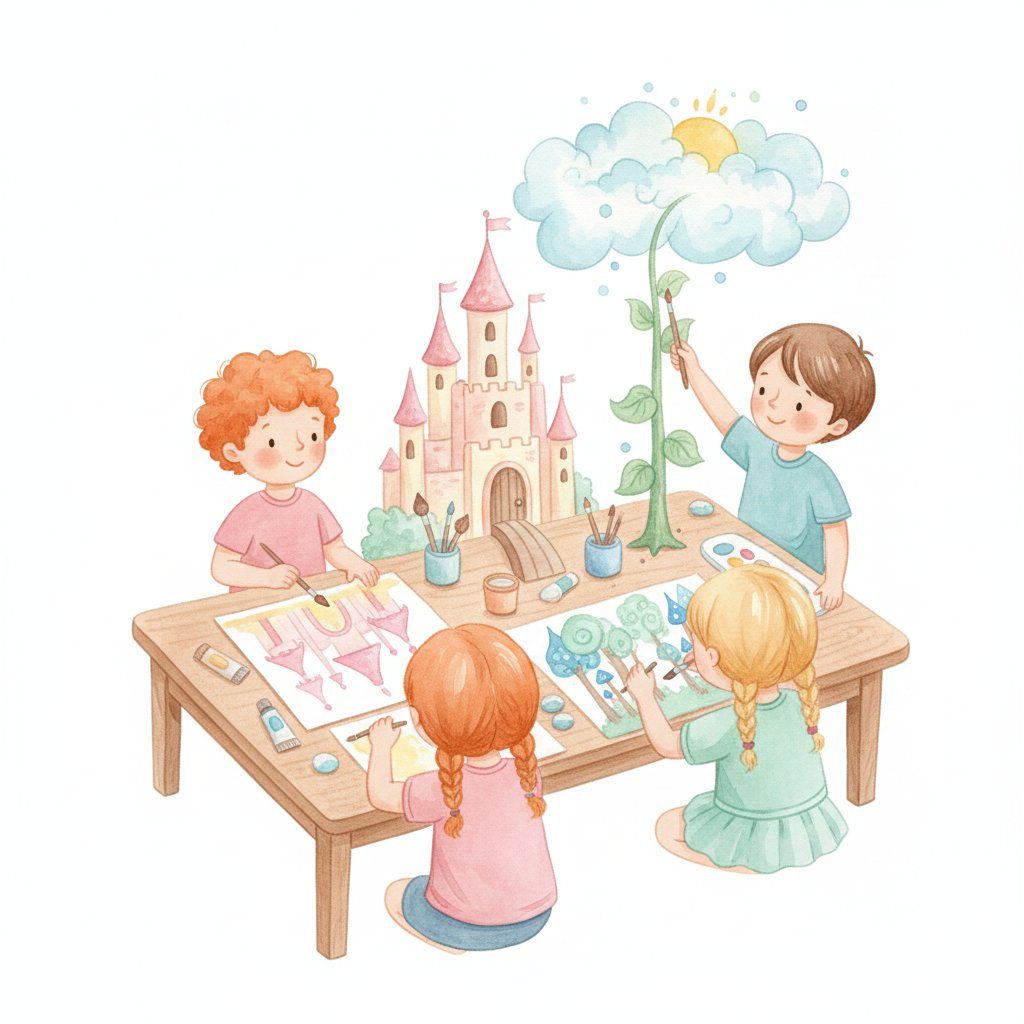 Children drawing fairy tale settings like a castle, forest and beanstalk at an art table