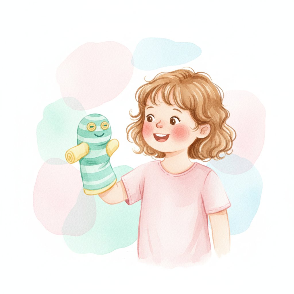 Watercolor illustration of a child talking to a friendly sock puppet on their hand