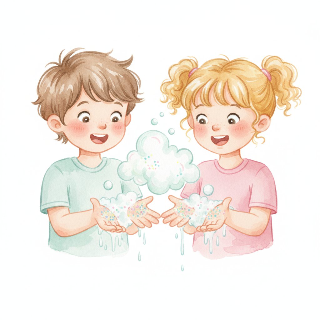 Watercolor illustration of two children examining sparkles on their hands during a germ experiment