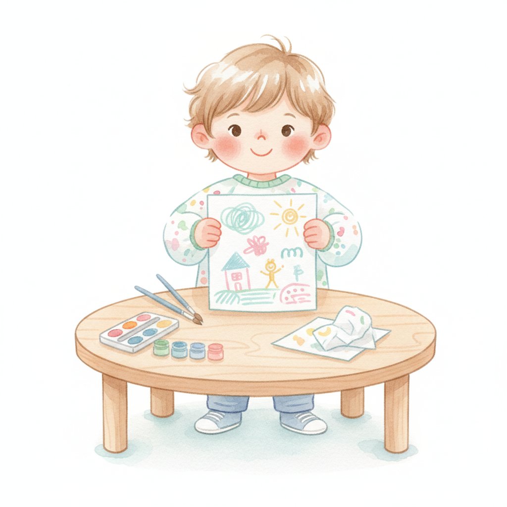 A child proudly holding up a finished page of writing and drawing