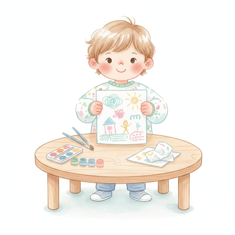 Child proudly holding up a finished page of writing and drawing