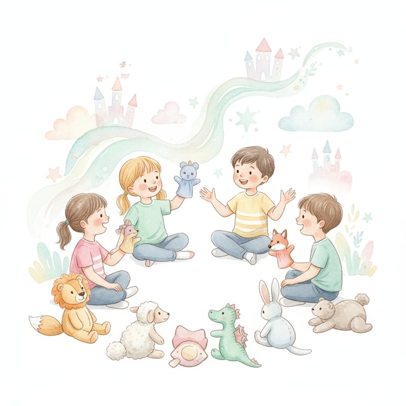 Watercolor of children telling stories with stuffed animals and puppets
