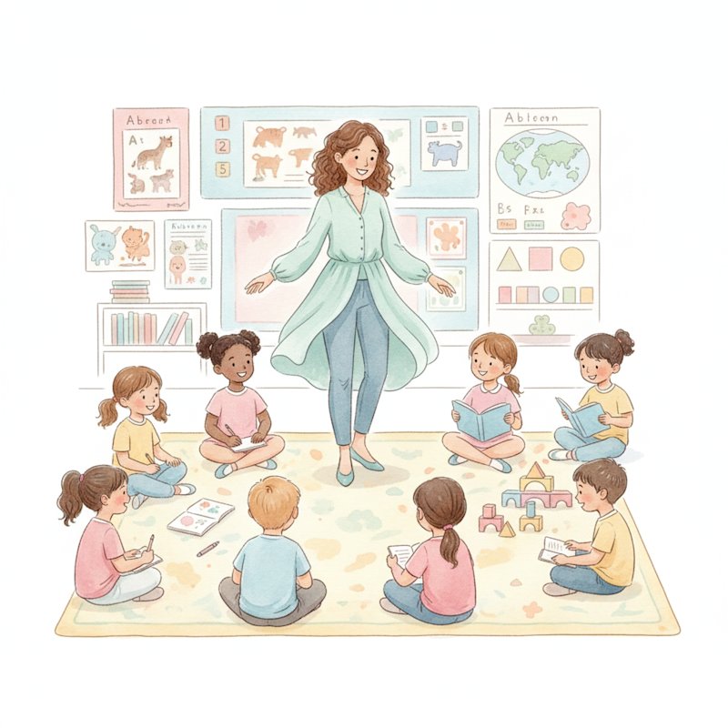 Teacher in a K-5 classroom with walls full of colourful educational posters