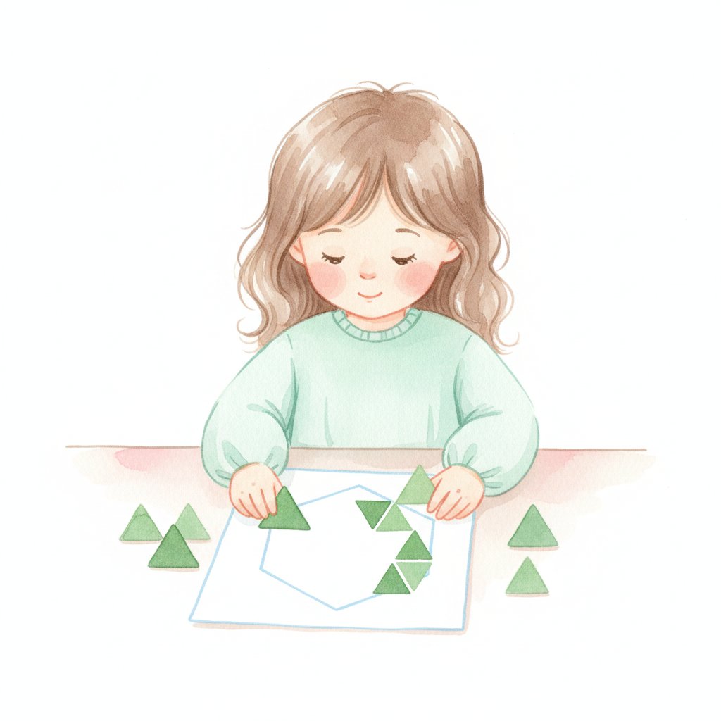 Watercolor illustration of a child filling a printed hexagon outline with triangle blocks