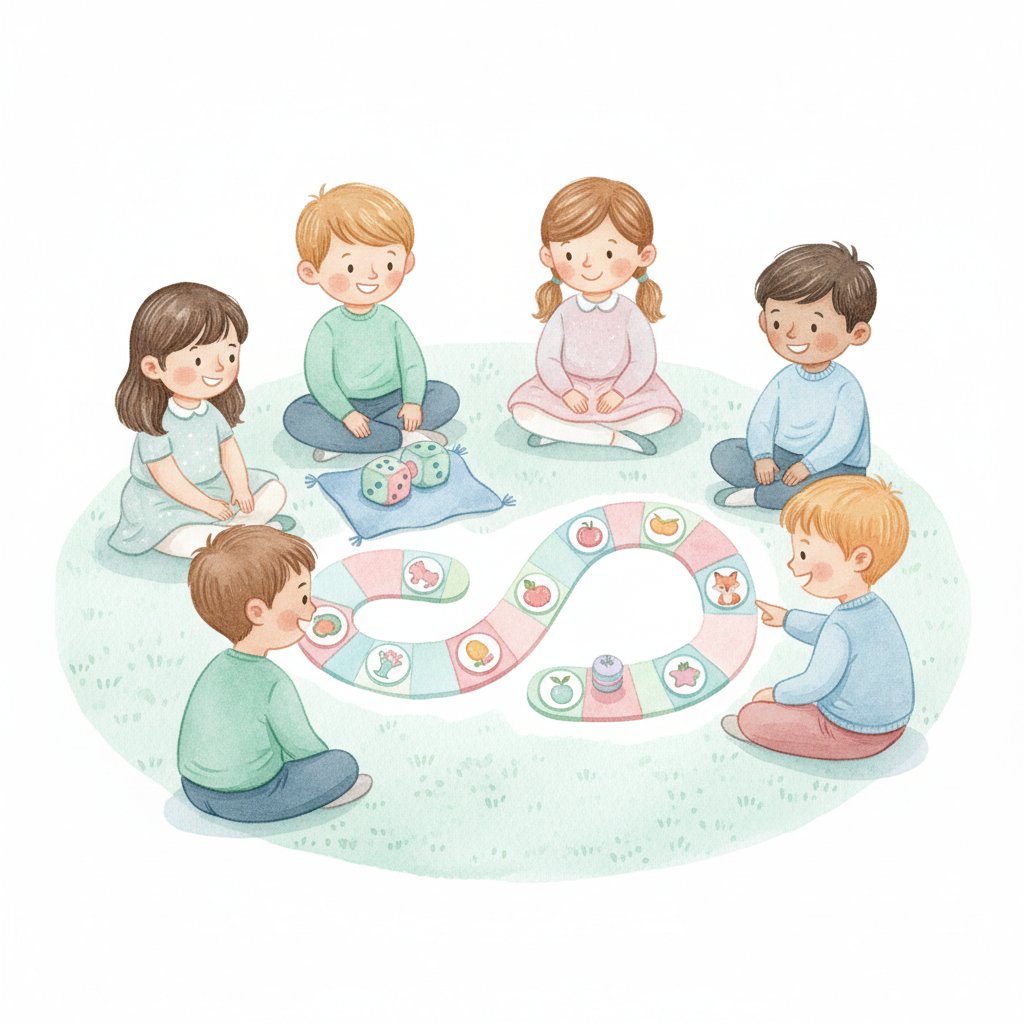 Children playing a colorful phonics path board game with dice