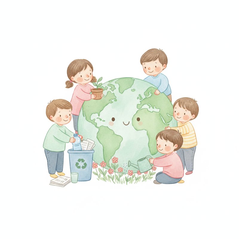 Children caring for the earth holding a seedling and sorting recycling around a green planet