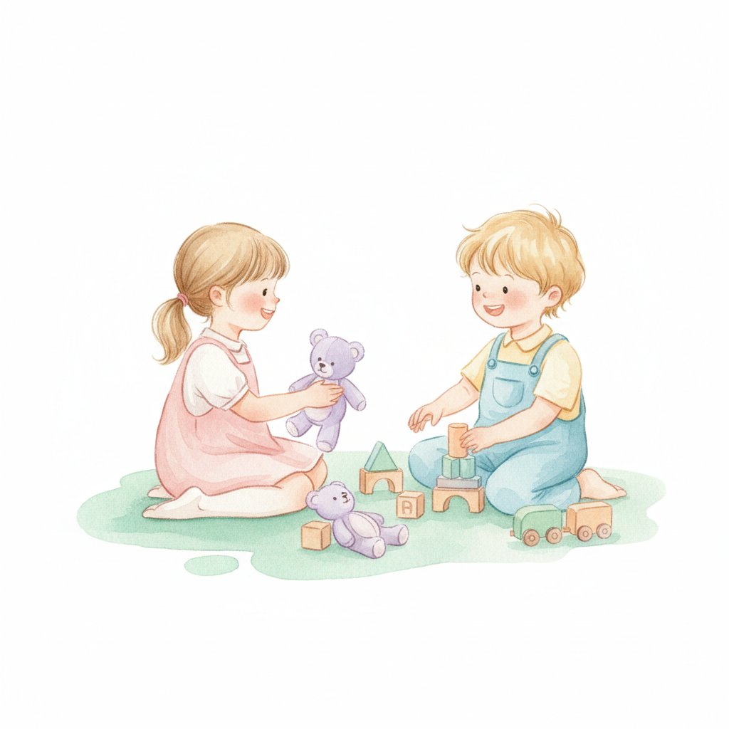 Watercolor illustration of two children sharing toys and playing together