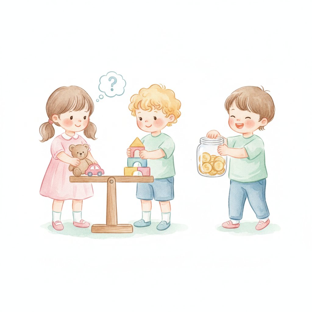 Children guessing which object is heavier on a balance scale and estimating coins in a jar by sound